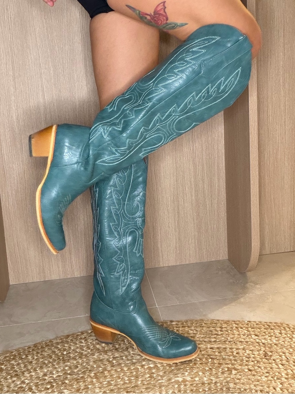 Teal Embroidered Knee-High Western Boots - Women